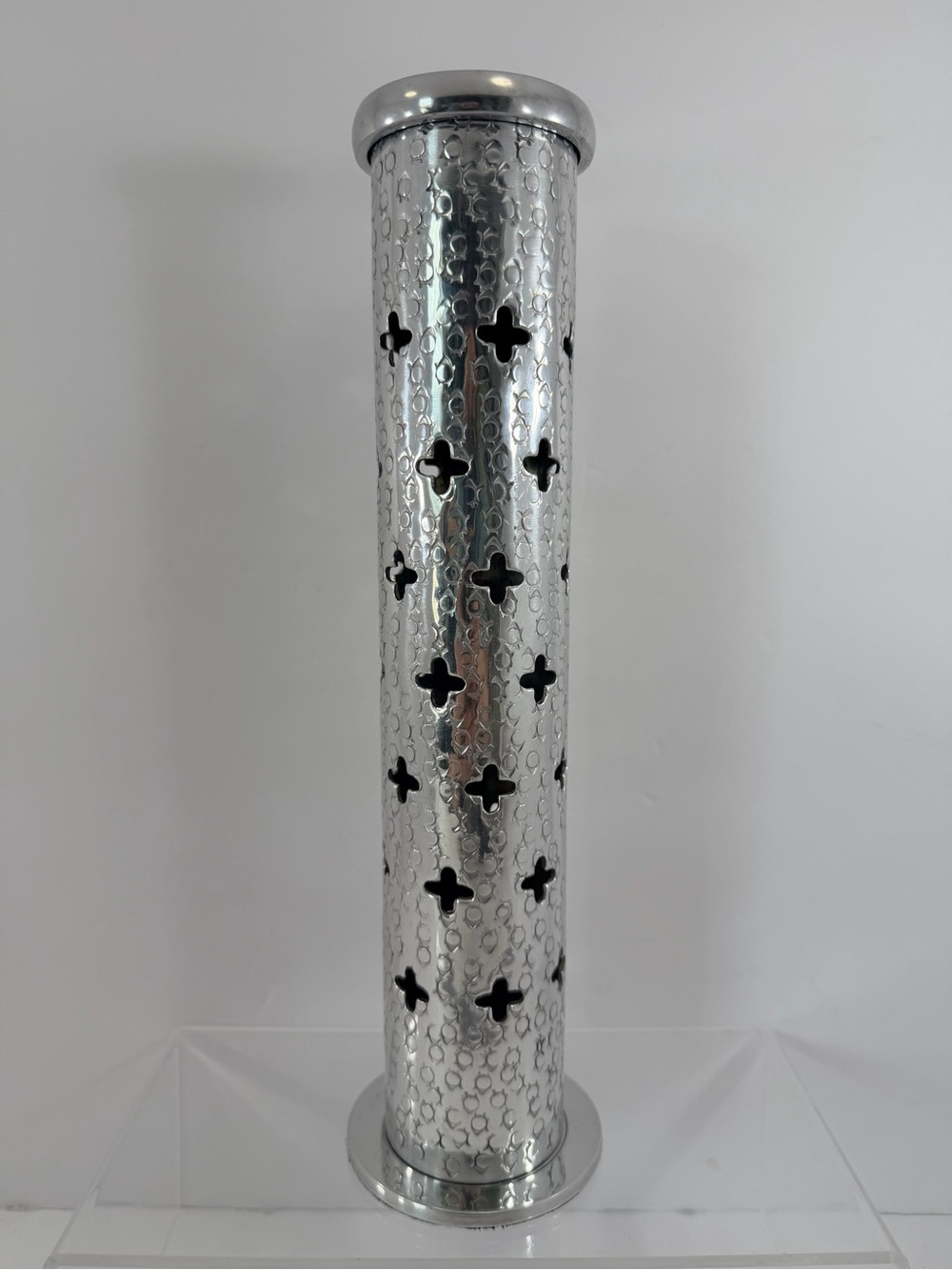 VTG Hammered Aluminum Agarbatti Tower Geometric Punch Pattern Incense Burner 11"